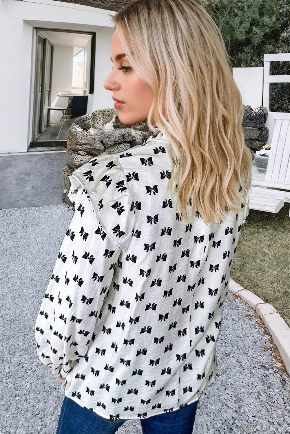 White Bow Knot Print Piping Trim Ruffled Crew Neck Blouse sold by Beagle Boutique product image thumbnail 2