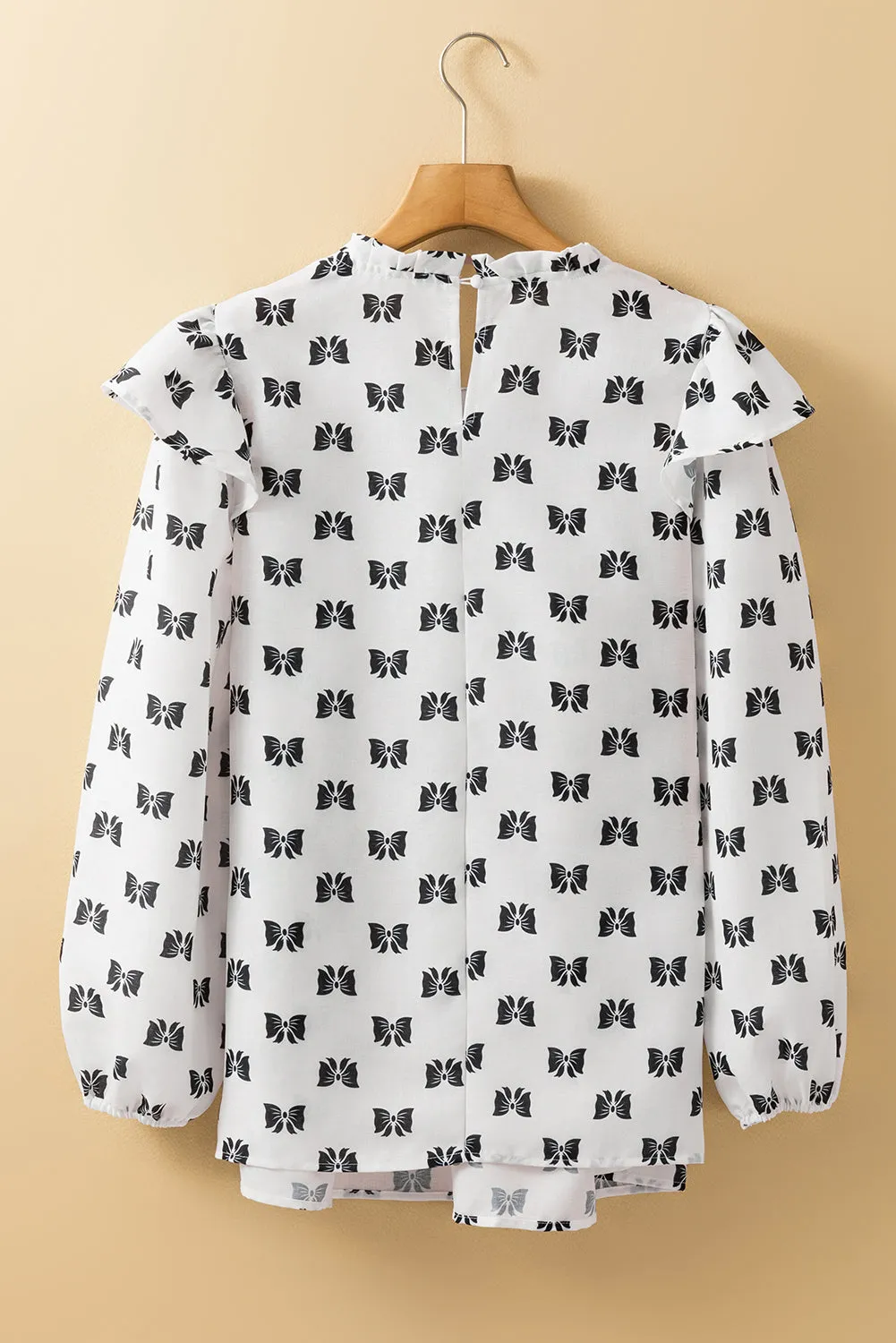 White Bow Knot Print Piping Trim Ruffled Crew Neck Blouse sold by Beagle Boutique product image thumbnail 5