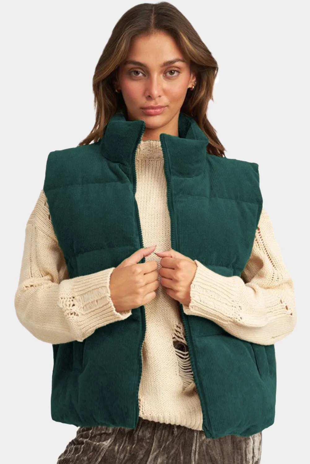 Jungle Green Corduroy Stand Neck Zipped Puffer Vest sold by Beagle Boutique product image thumbnail 4