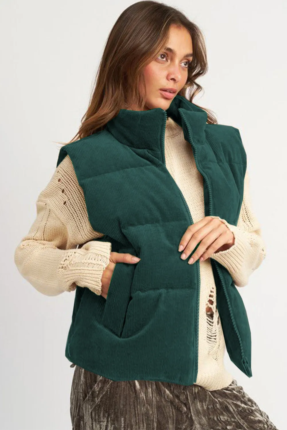 Jungle Green Corduroy Stand Neck Zipped Puffer Vest sold by Beagle Boutique product image thumbnail 3