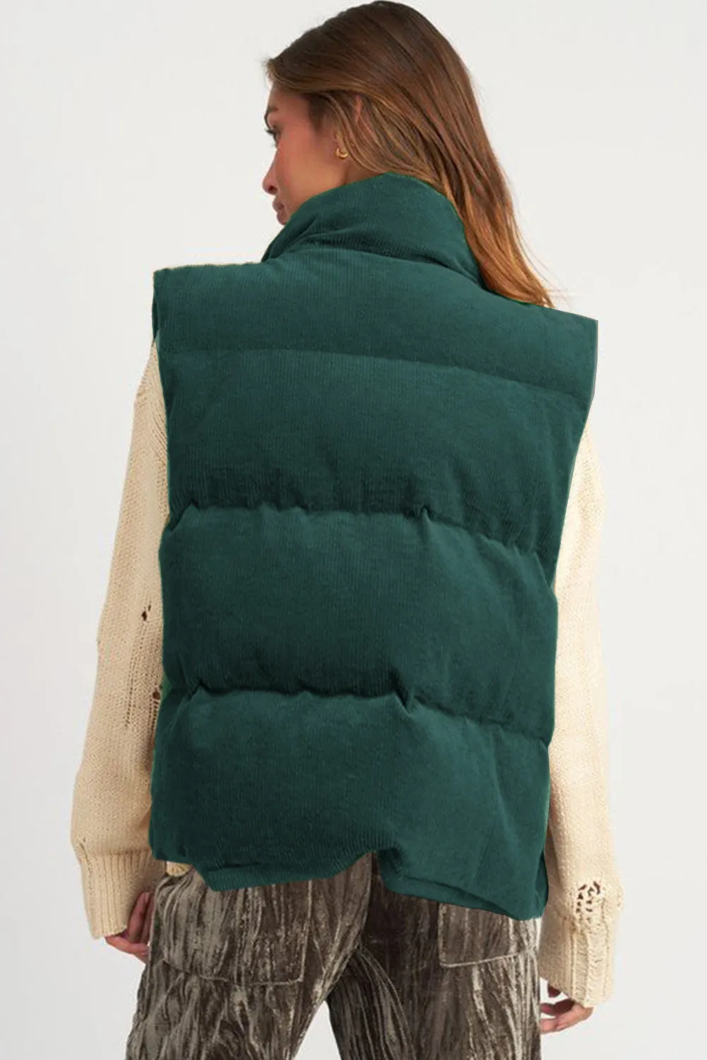 Jungle Green Corduroy Stand Neck Zipped Puffer Vest sold by Beagle Boutique product image thumbnail 2