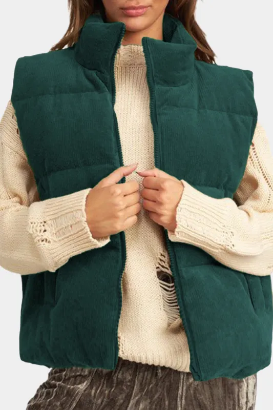 Jungle Green Corduroy Stand Neck Zipped Puffer Vest sold by Beagle Boutique