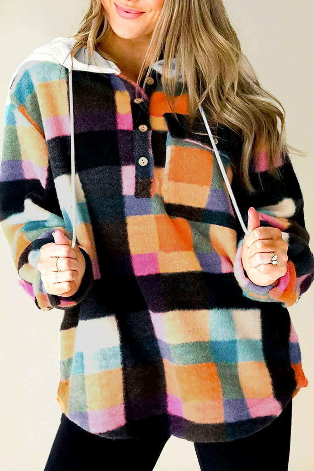 Multicolour Plaid Color Block Flap Pocket Buttoned Hoodie sold by Beagle Boutique