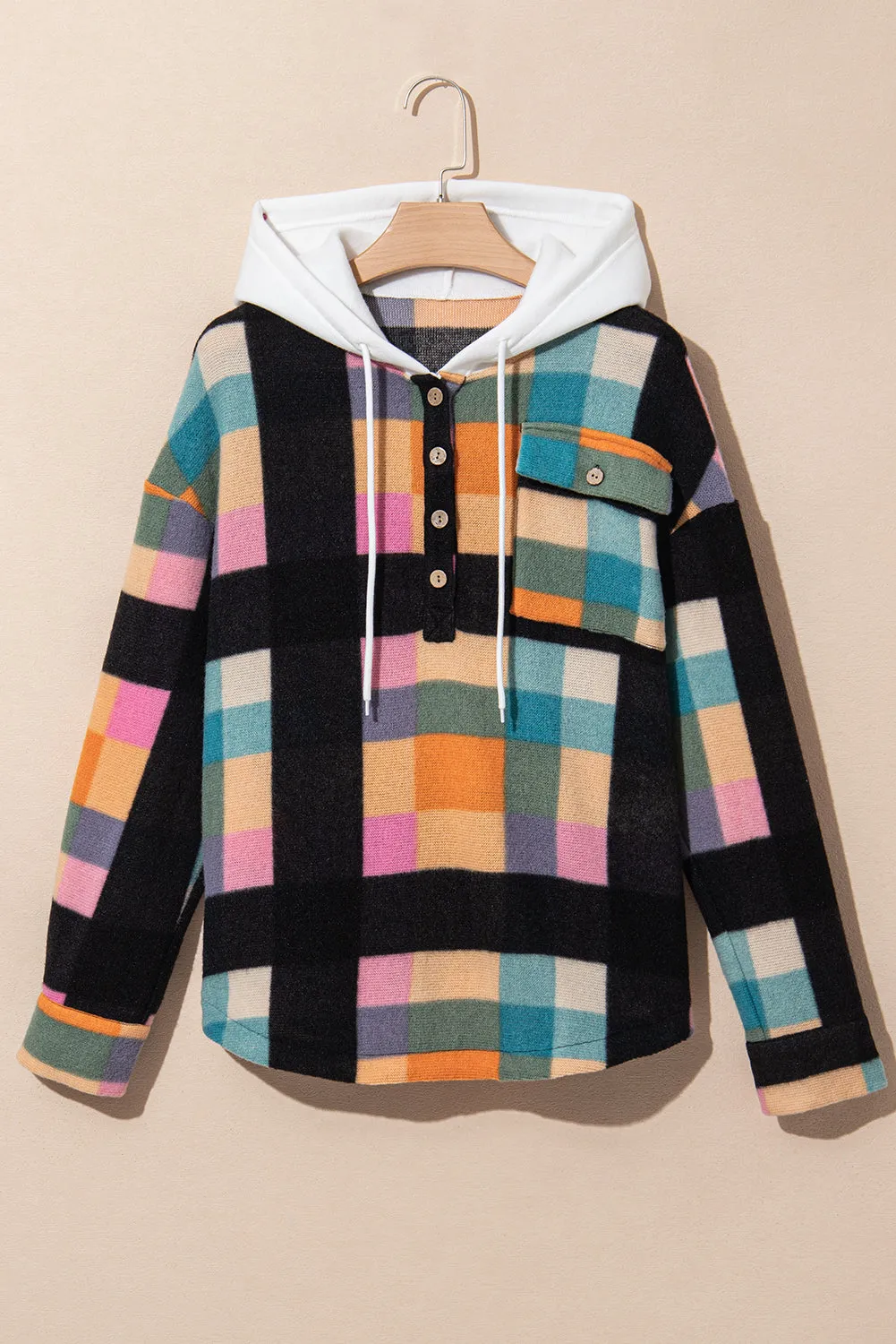 Multicolour Plaid Color Block Flap Pocket Buttoned Hoodie sold by Beagle Boutique product image thumbnail 5