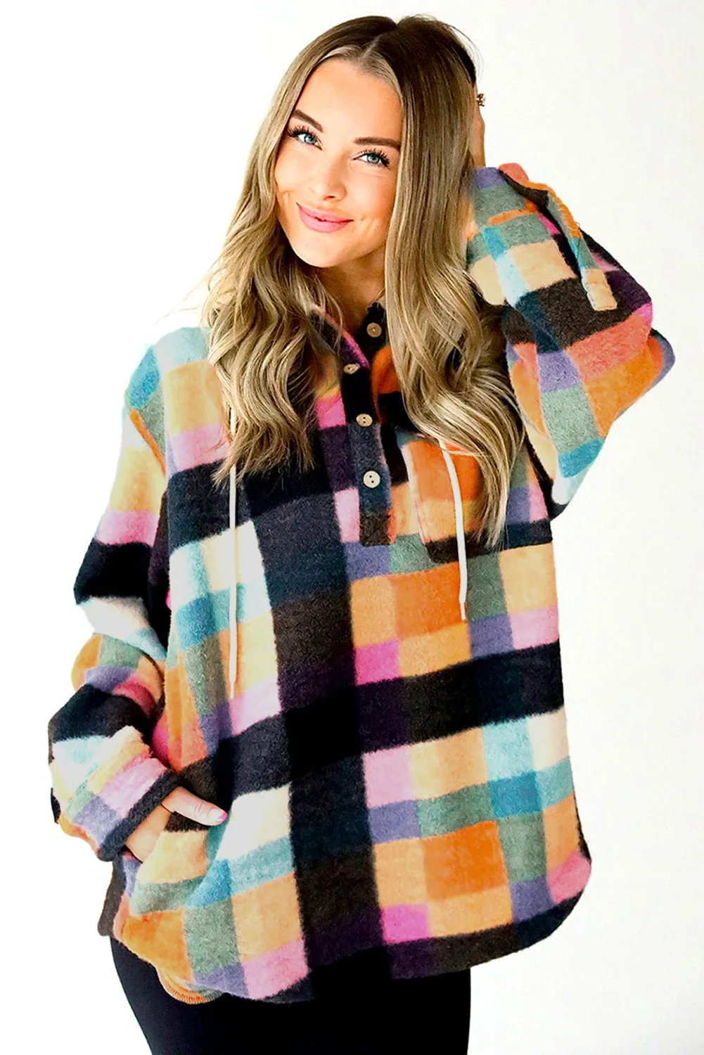 Multicolour Plaid Color Block Flap Pocket Buttoned Hoodie sold by Beagle Boutique product image thumbnail 3