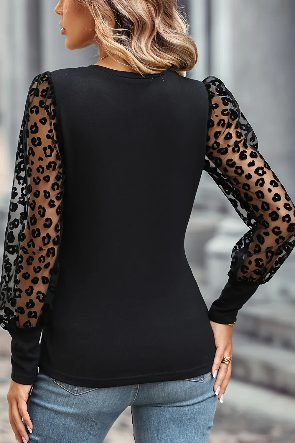 Black Leopard Mesh Puff Sleeve Patchwork Slim Fit Top sold by Beagle Boutique product image thumbnail 2