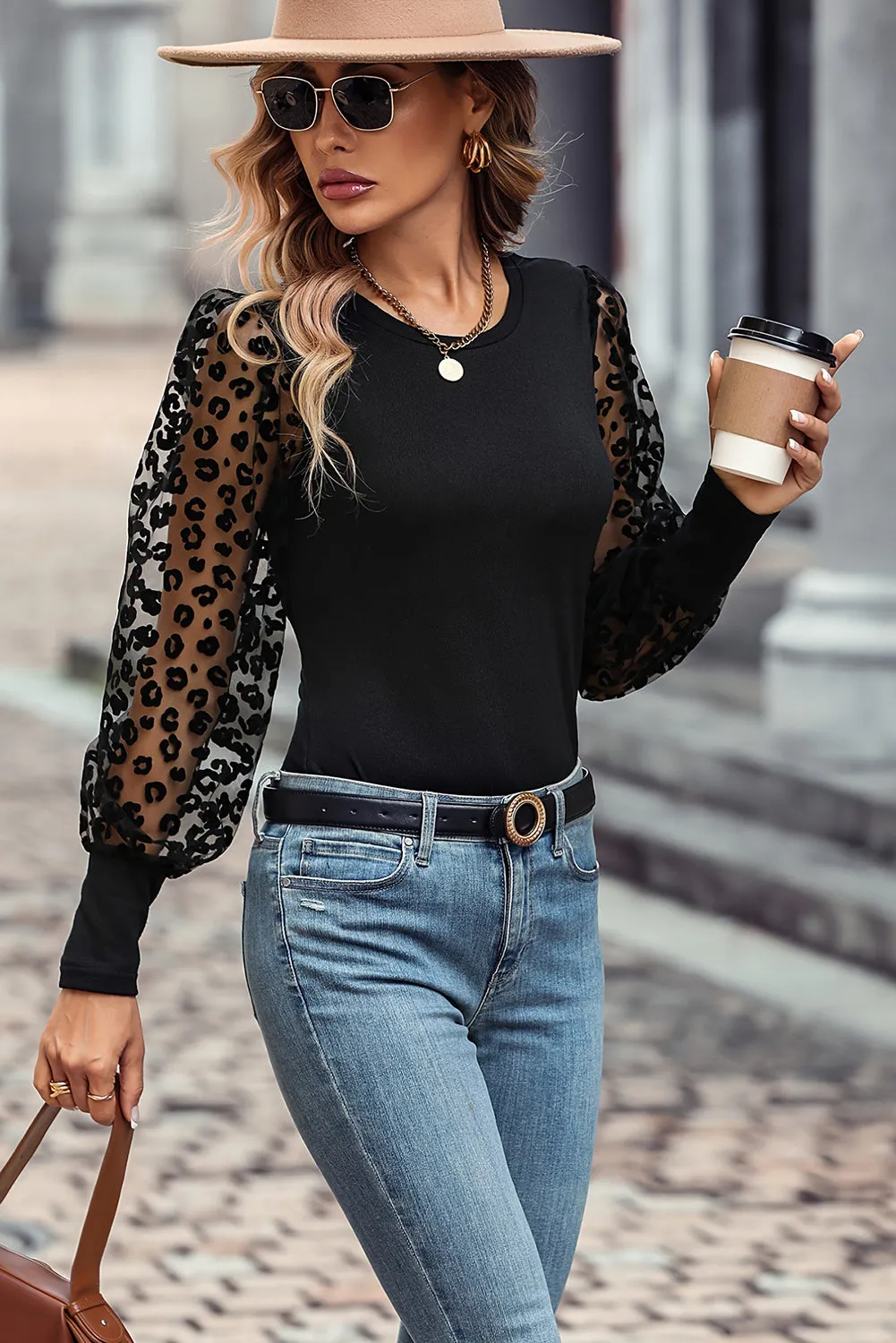 Black Leopard Mesh Puff Sleeve Patchwork Slim Fit Top sold by Beagle Boutique product image thumbnail 3