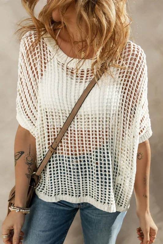 Whit Fishnet Knit Ribbed Round Neck Short Sleeve Sweater Tee sold by Beagle Boutique