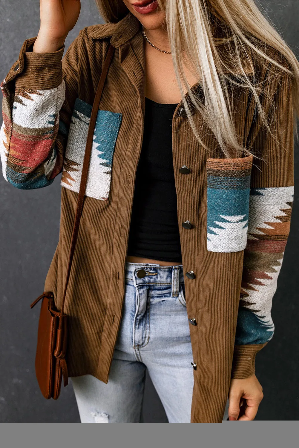 Khaki Aztec Pattern Corduroy Shacket sold by Beagle Boutique product image thumbnail 3