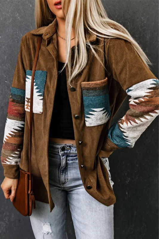 Khaki Aztec Pattern Corduroy Shacket sold by Beagle Boutique