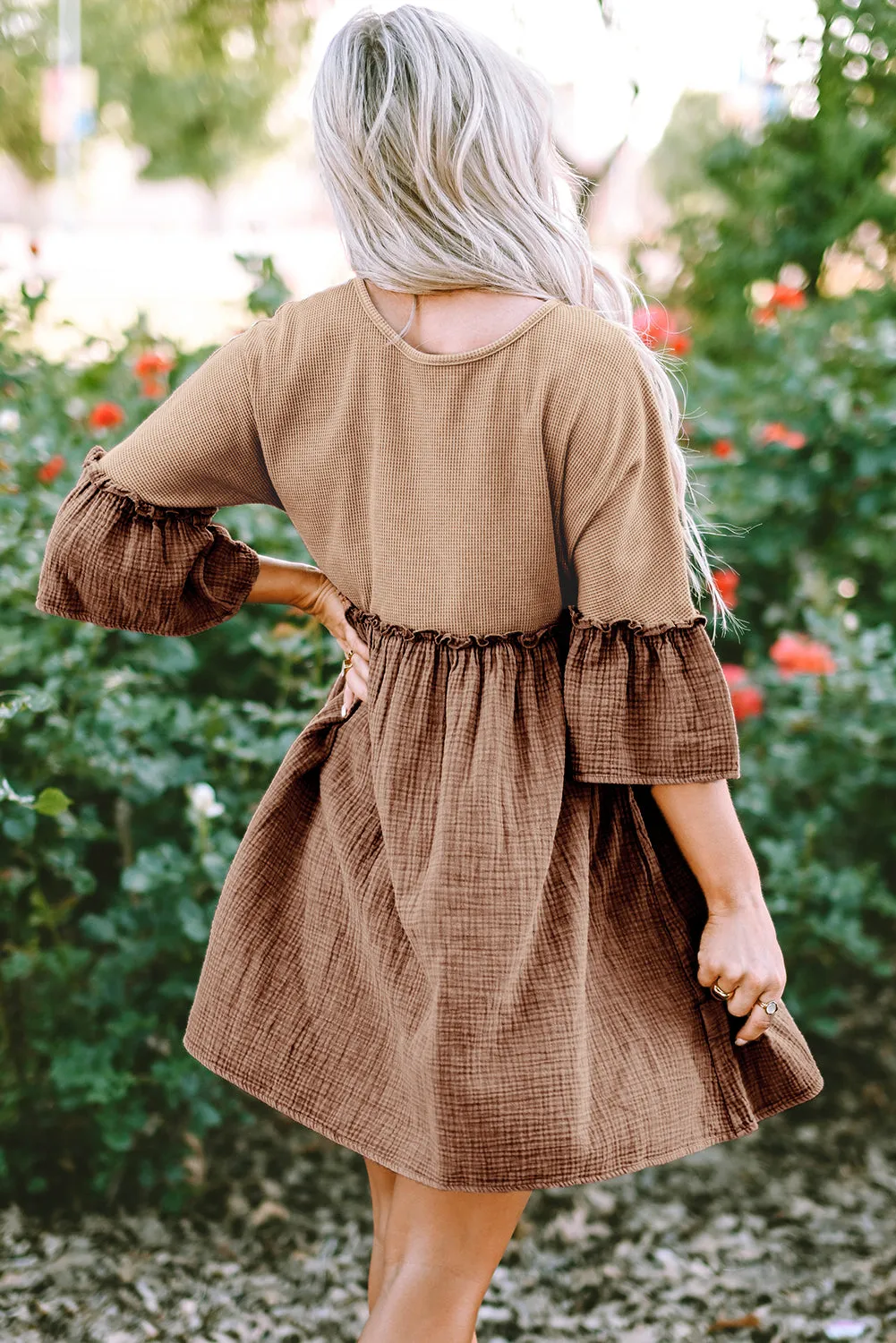 Khaki Waffle Crinkle Patchwork Frilled Flare Dress sold by Beagle Boutique product image thumbnail 2