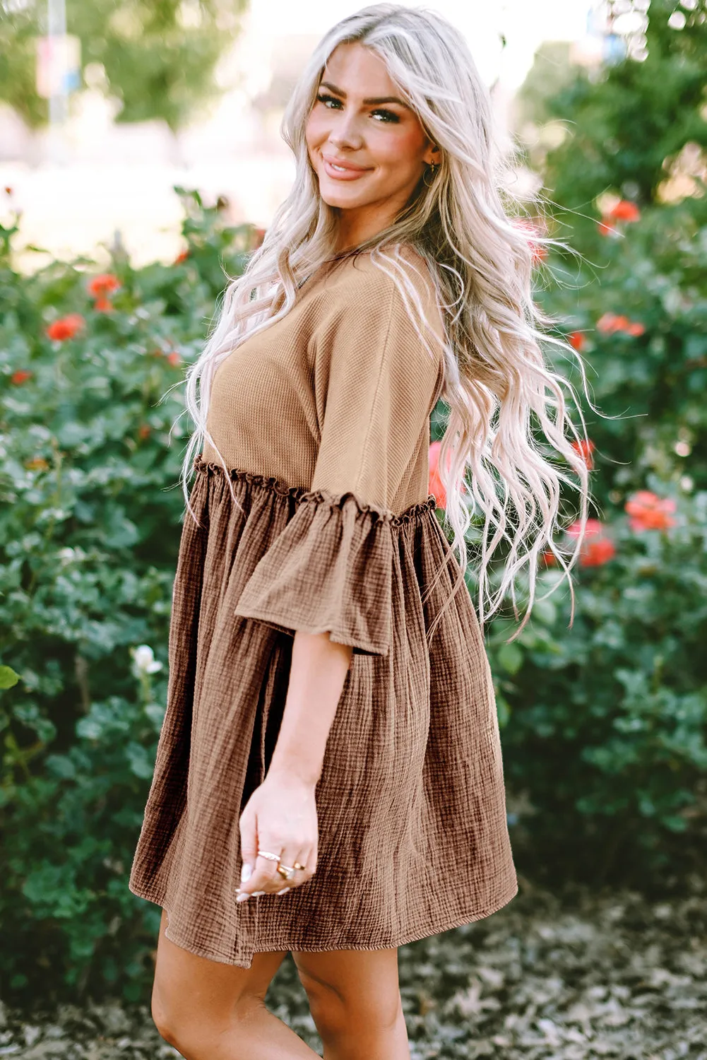 Khaki Waffle Crinkle Patchwork Frilled Flare Dress sold by Beagle Boutique product image thumbnail 3