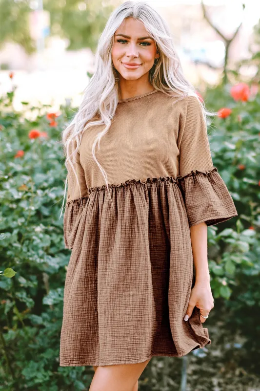 Khaki Waffle Crinkle Patchwork Frilled Flare Dress sold by Beagle Boutique