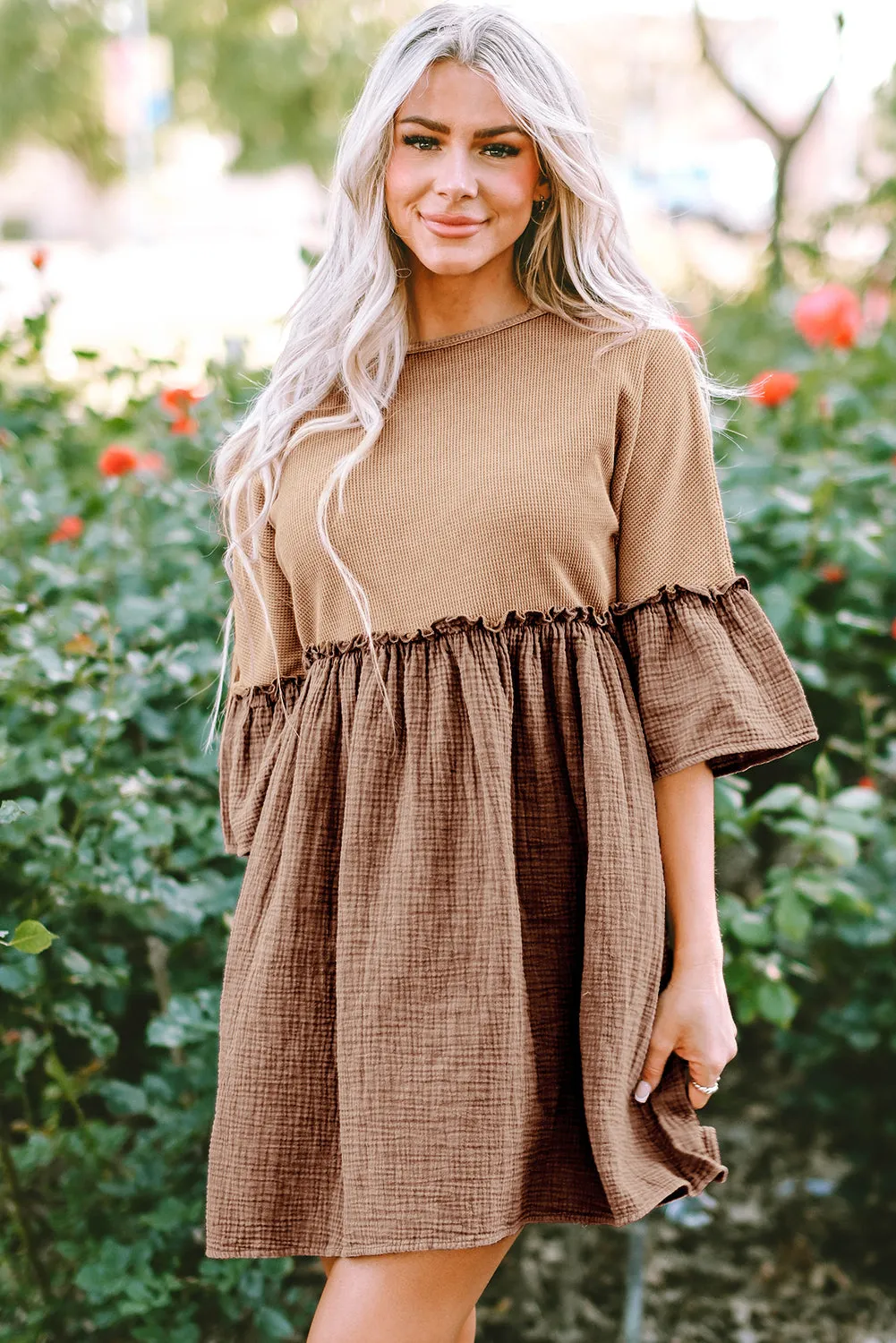 Khaki Waffle Crinkle Patchwork Frilled Flare Dress sold by Beagle Boutique