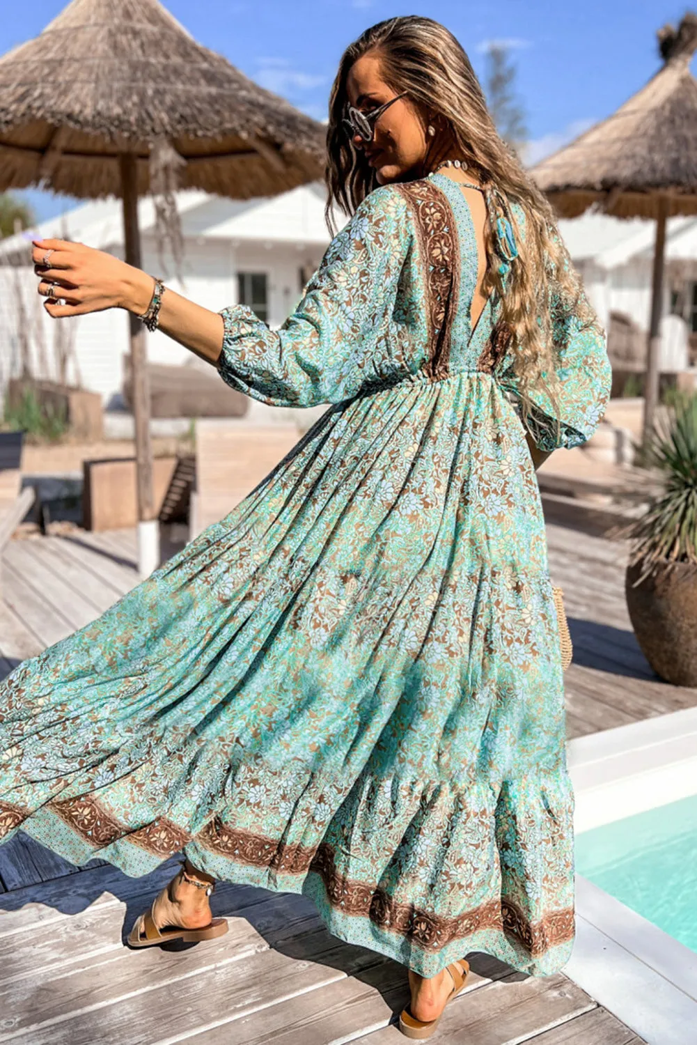Green Boho Floral Print Lace-up Open Back High Waist Maxi Dress sold by Beagle Boutique product image thumbnail 2