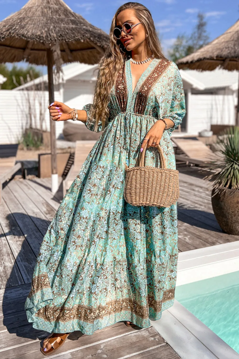 Green Boho Floral Print Lace-up Open Back High Waist Maxi Dress sold by Beagle Boutique product image thumbnail 3