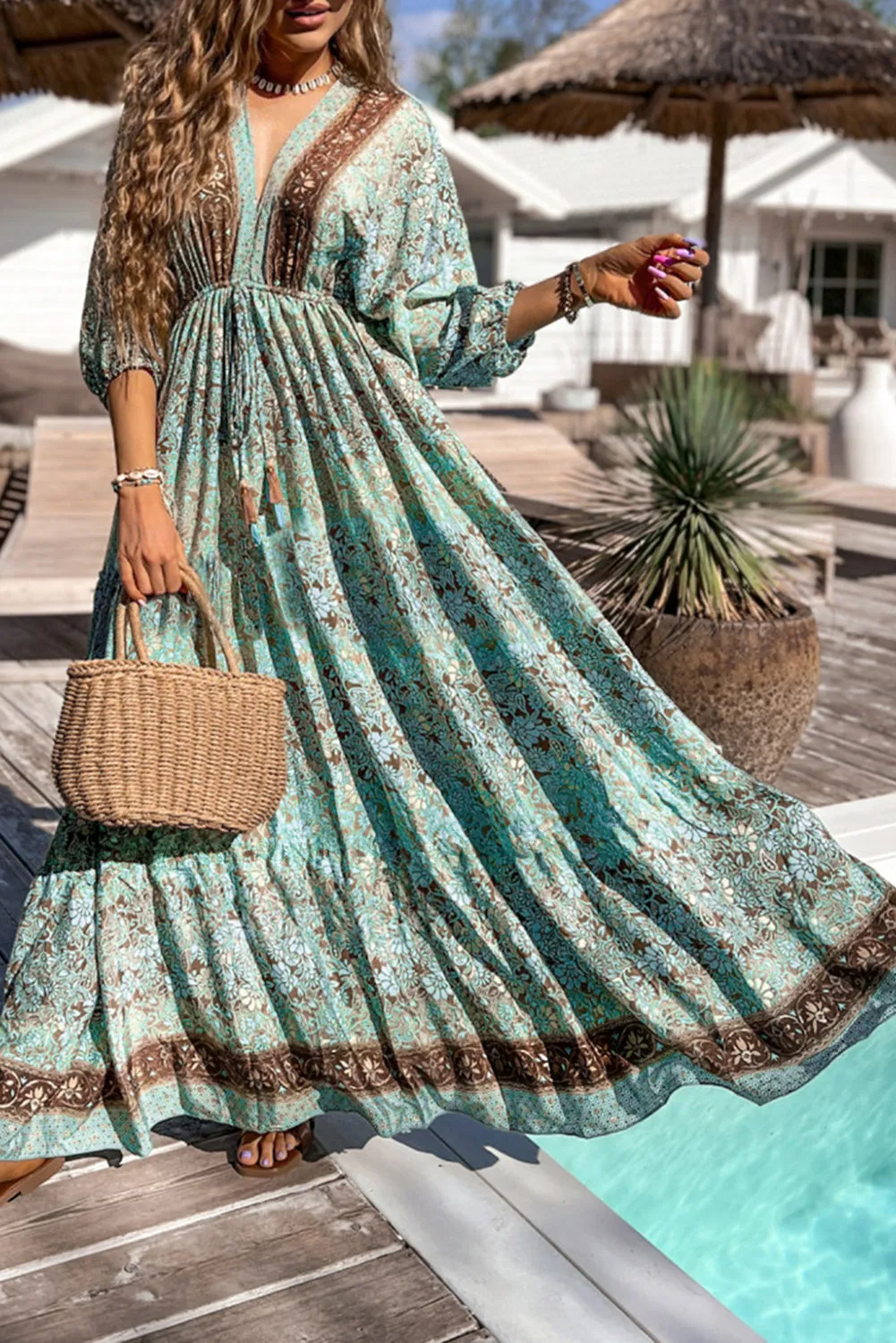 Green Boho Floral Print Lace-up Open Back High Waist Maxi Dress sold by Beagle Boutique