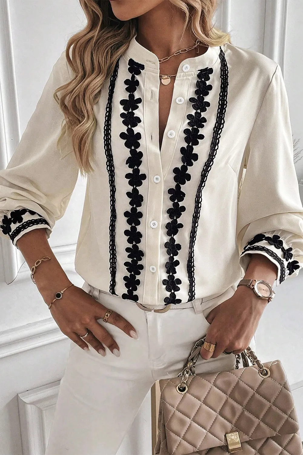 Beige Floral Embroidered Stand Neck Buttoned Shirt sold by Beagle Boutique product image thumbnail 3