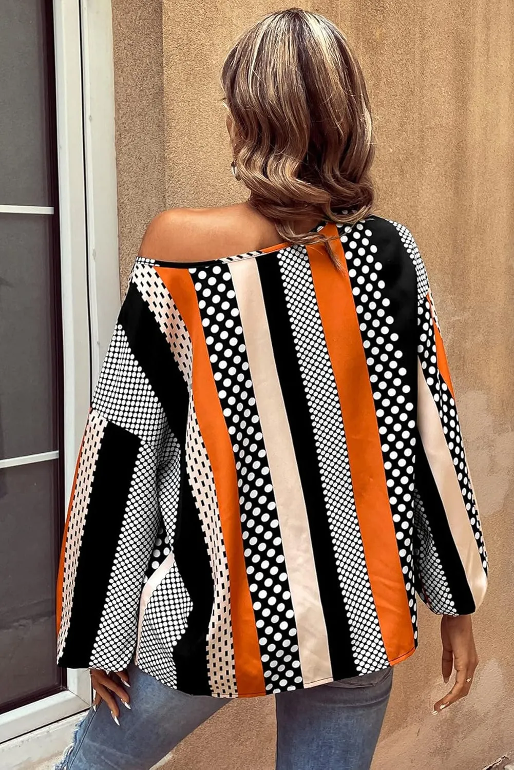 Orange Polka Dot Vertical Striped Printed Puff Sleeve Blouse sold by Beagle Boutique product image thumbnail 2