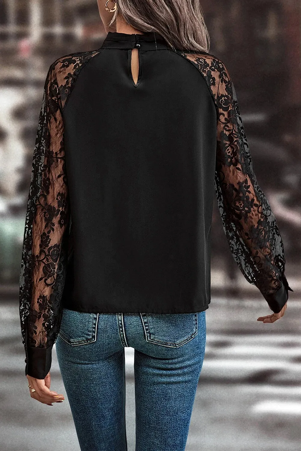 Black Keyhole Neckline Floral Lace Raglan Sleeve Blouse sold by Beagle Boutique product image thumbnail 2