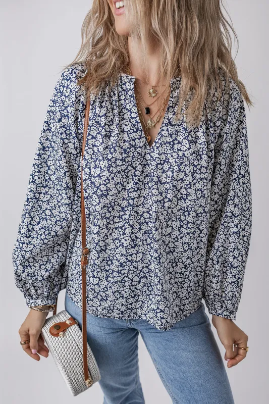 Blue Floral Print Notched V Neck Puff Sleeve Blouse sold by Beagle Boutique