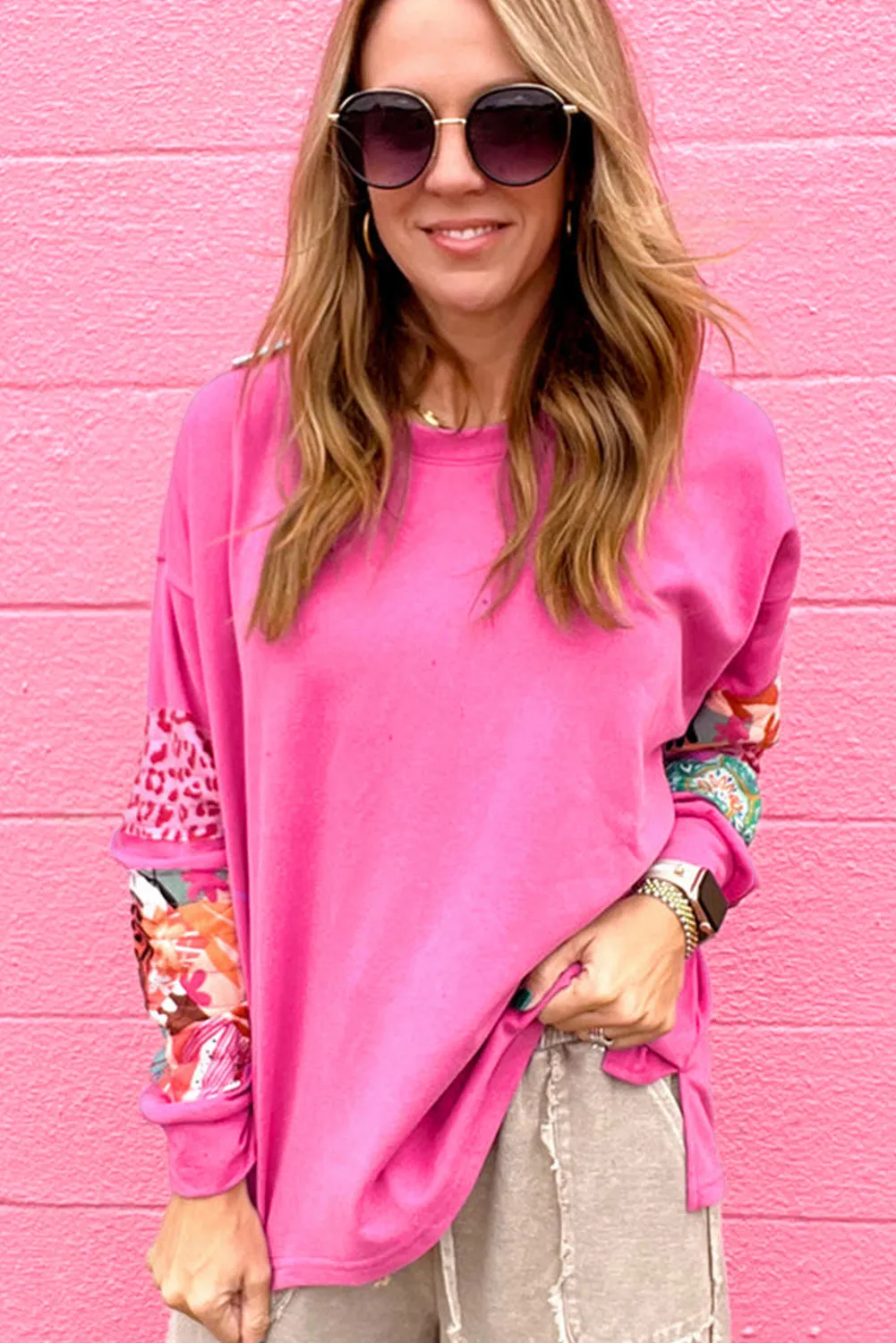Sachet Pink Mixed Print Patch Drop Shoulder Pullover Top sold by Beagle Boutique product image thumbnail 2