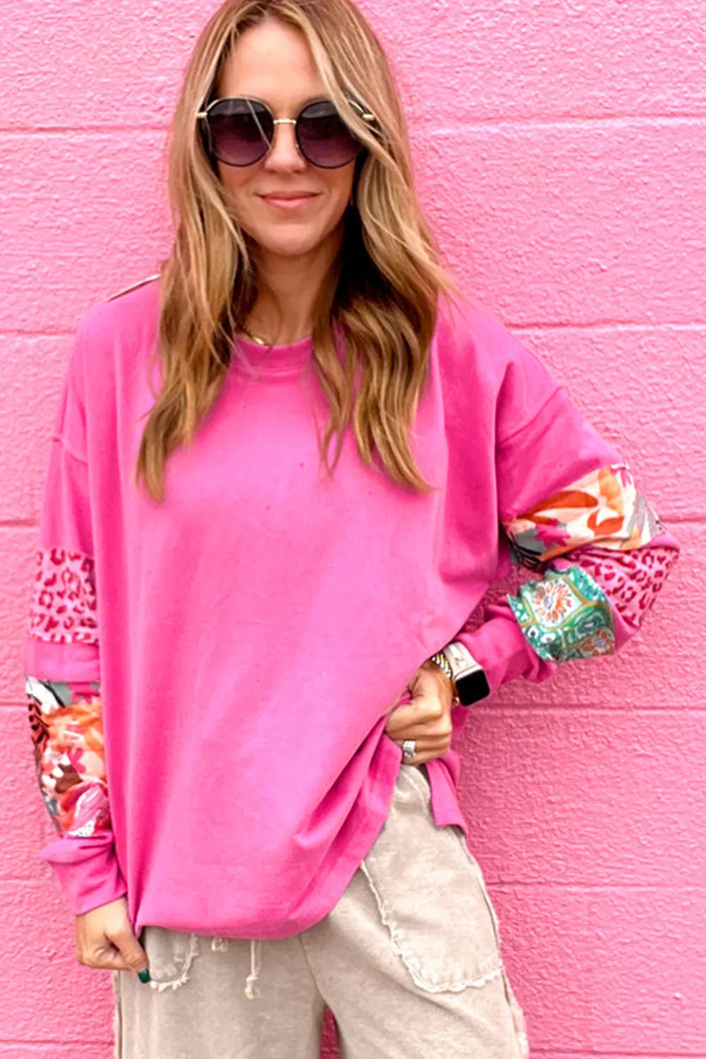 Sachet Pink Mixed Print Patch Drop Shoulder Pullover Top sold by Beagle Boutique product image thumbnail 3