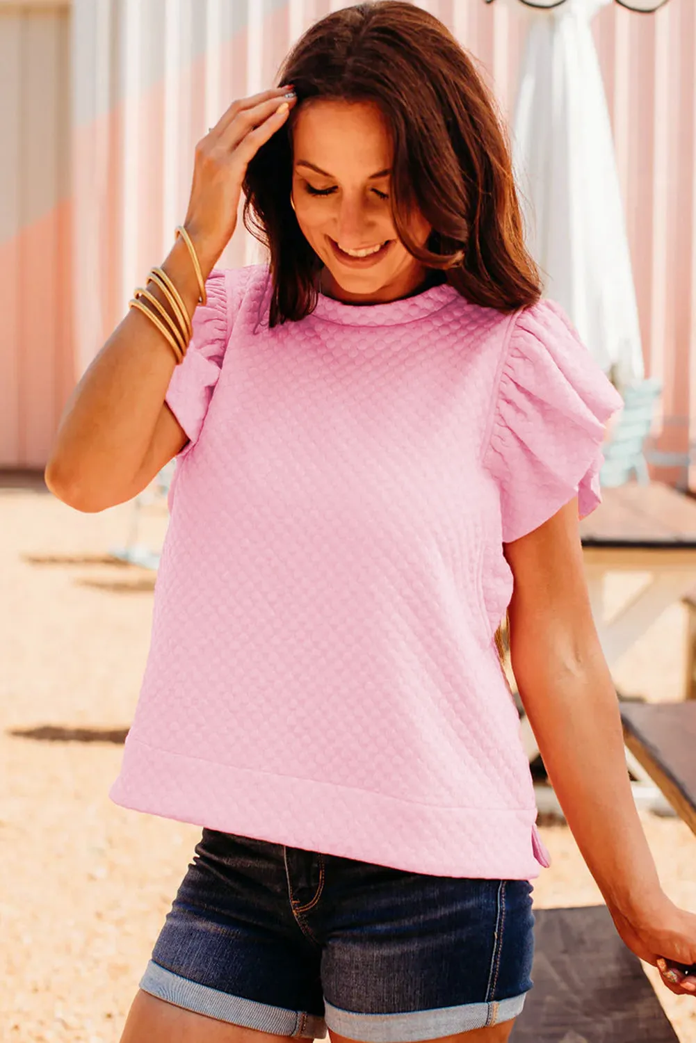 Pink Textured Ruffle Short Sleeve Pullover Top sold by Beagle Boutique product image thumbnail 3