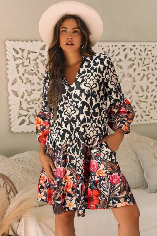 Black Retro Floral Mixed Print Split Neck A-line Dress sold by Beagle Boutique