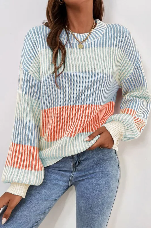 Multicolour Colourblock Textured Knit Bubble Sleeve Sweater sold by Beagle Boutique