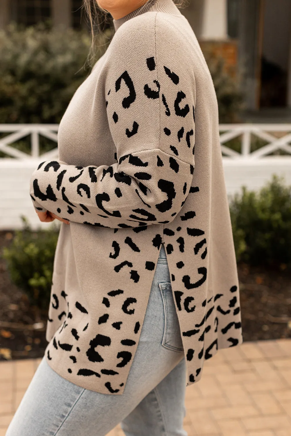 Khaki Plus Size Leopard Patchwork High Neck Sweater sold by Beagle Boutique product image thumbnail 3