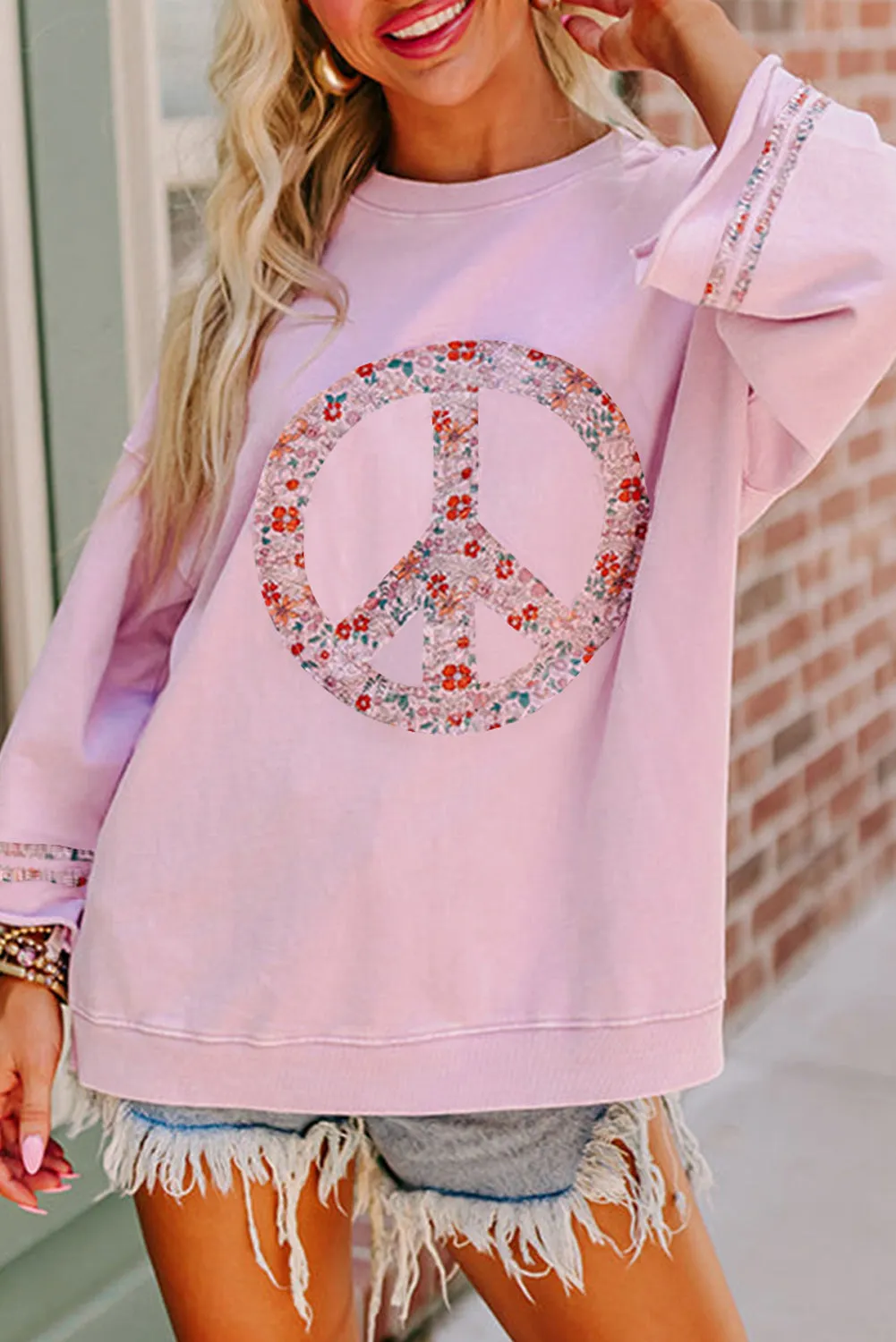 Light Pink Floral Peace Sign Graphic Drop Shoulder Wide Sleeve Casual Top sold by Beagle Boutique
