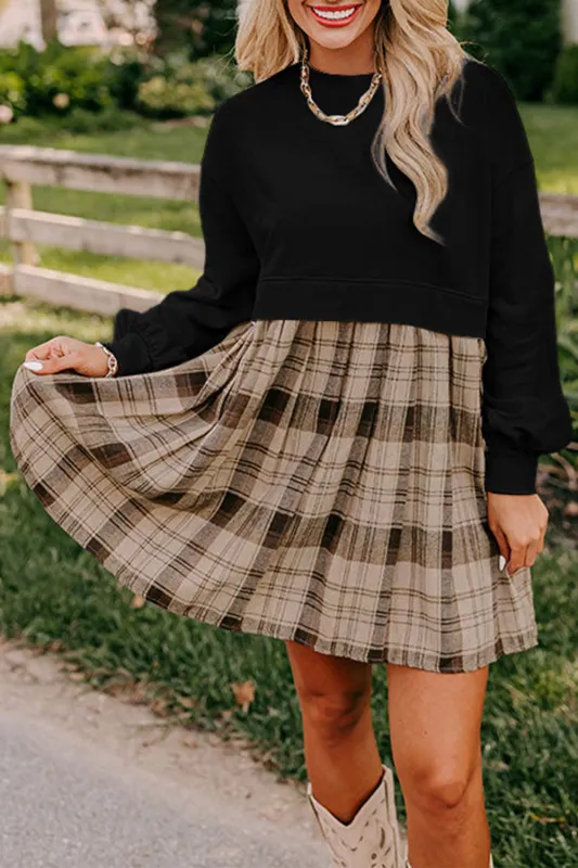 Black Plaid Patchwork High Waist Sweatshirt Mini Dress sold by Beagle Boutique