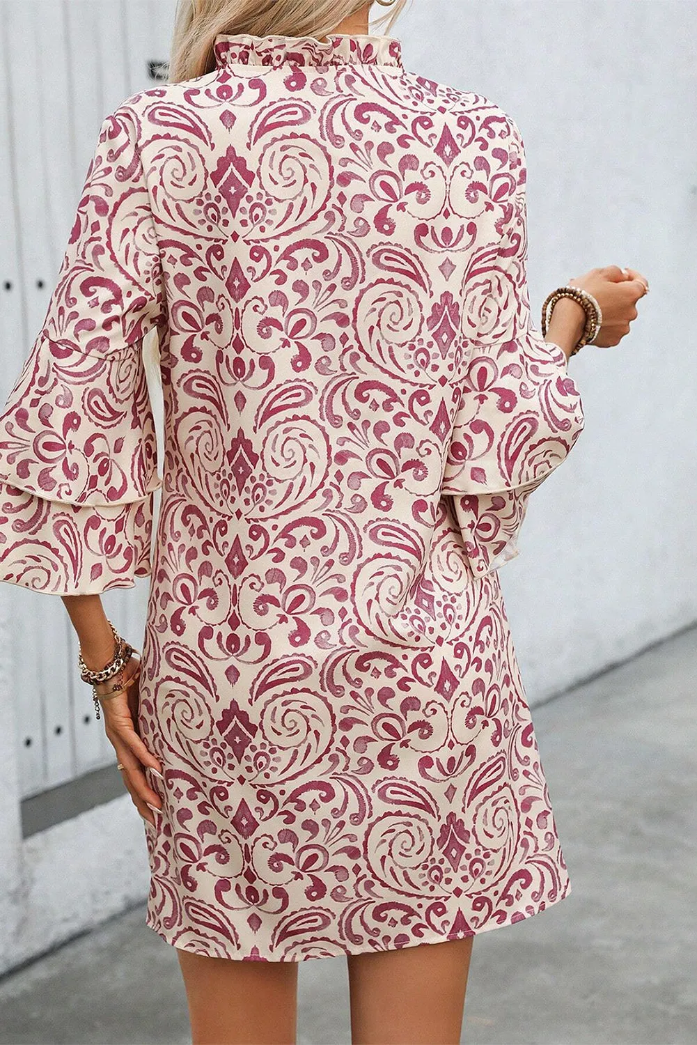 Pink Paisley Print Tiered 3/4 Sleeve Notched Neck Mini Dress sold by Beagle Boutique product image thumbnail 2