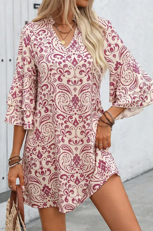 Pink Paisley Print Tiered 3/4 Sleeve Notched Neck Mini Dress sold by Beagle Boutique