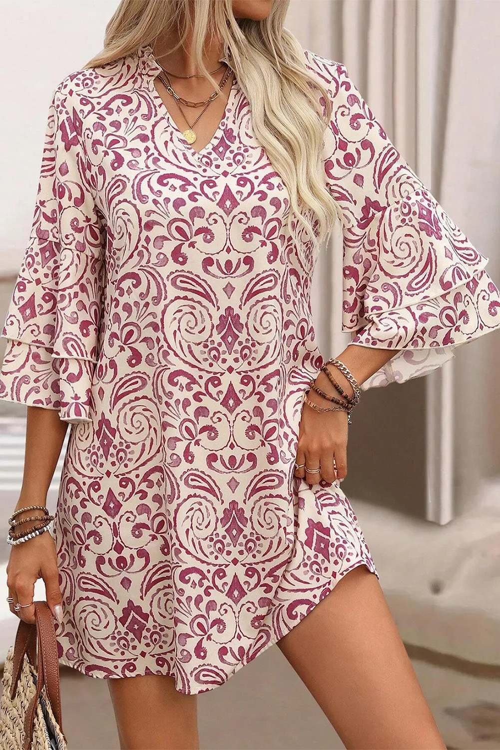 Pink Paisley Print Tiered 3/4 Sleeve Notched Neck Mini Dress sold by Beagle Boutique product image thumbnail 3
