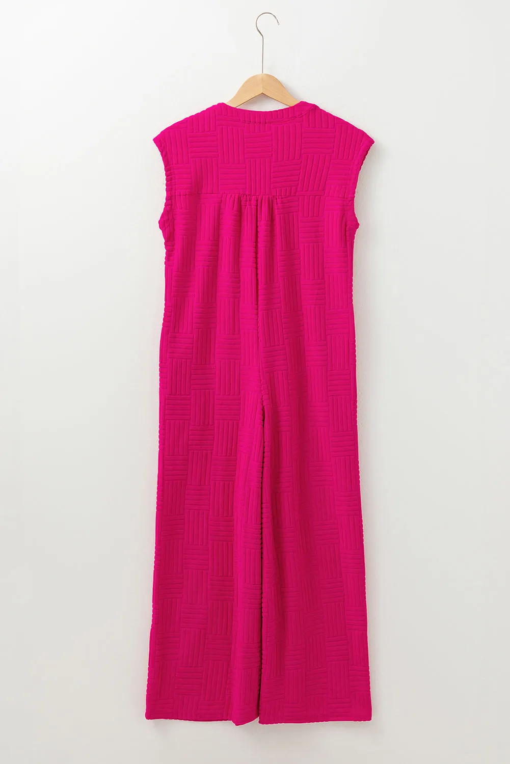 Bright Pink Terry Textured Sleeveless Button Front Wide Leg Jumpsuit sold by Beagle Boutique product image thumbnail 5