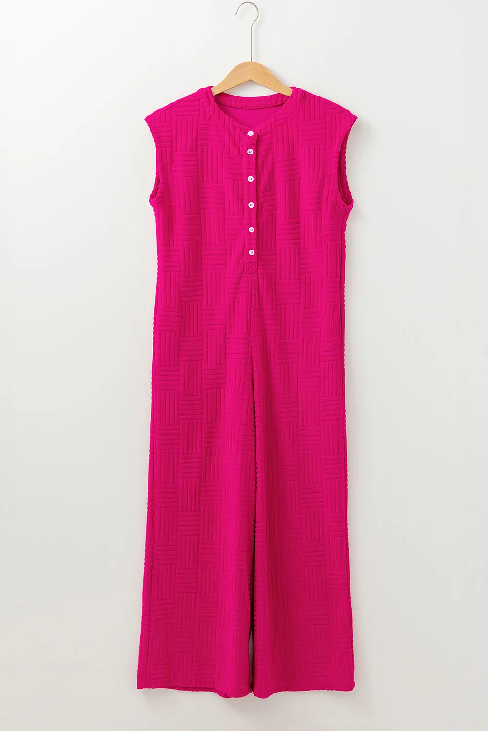 Bright Pink Terry Textured Sleeveless Button Front Wide Leg Jumpsuit sold by Beagle Boutique product image thumbnail 4