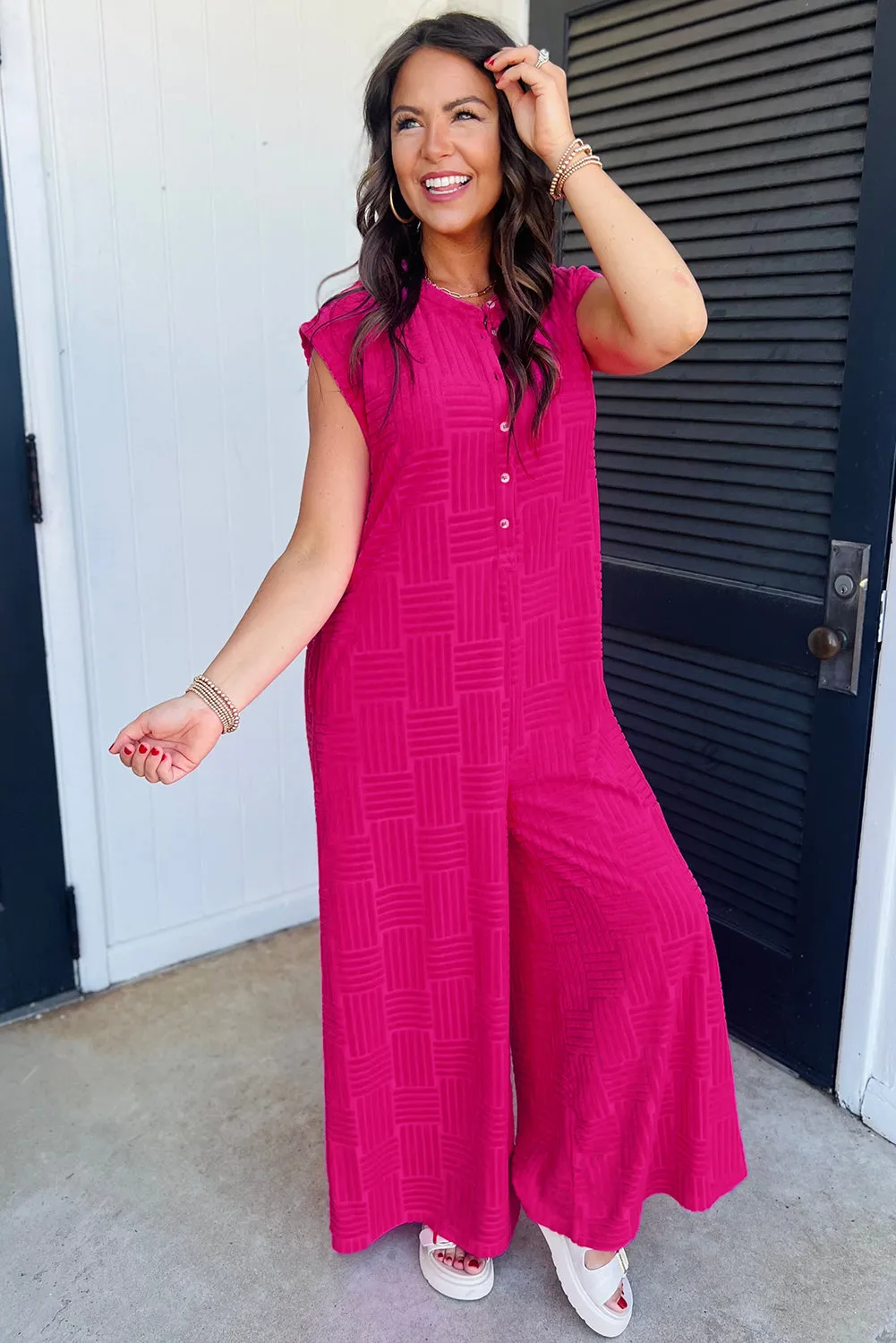 Bright Pink Terry Textured Sleeveless Button Front Wide Leg Jumpsuit sold by Beagle Boutique product image thumbnail 3