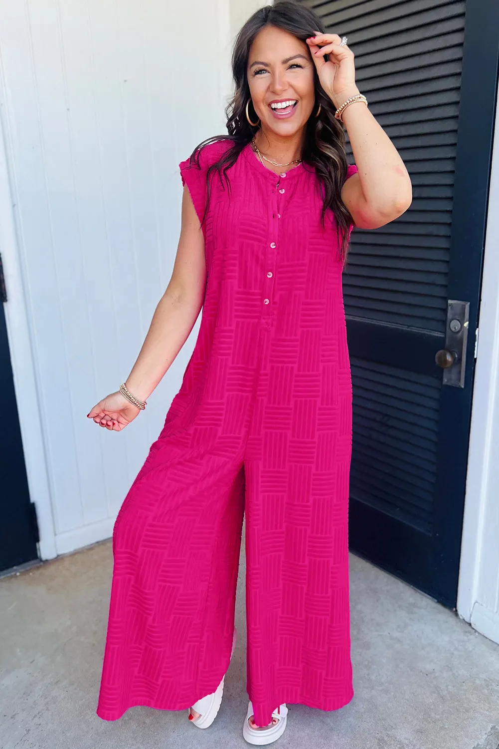 Bright Pink Terry Textured Sleeveless Button Front Wide Leg Jumpsuit sold by Beagle Boutique product image thumbnail 2