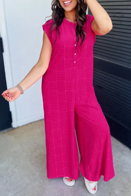 Bright Pink Terry Textured Sleeveless Button Front Wide Leg Jumpsuit sold by Beagle Boutique