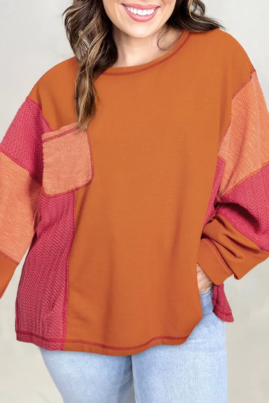 Orange Textured Knit Colour Block Patchwork Chest Pocket Plus Size Top sold by Beagle Boutique
