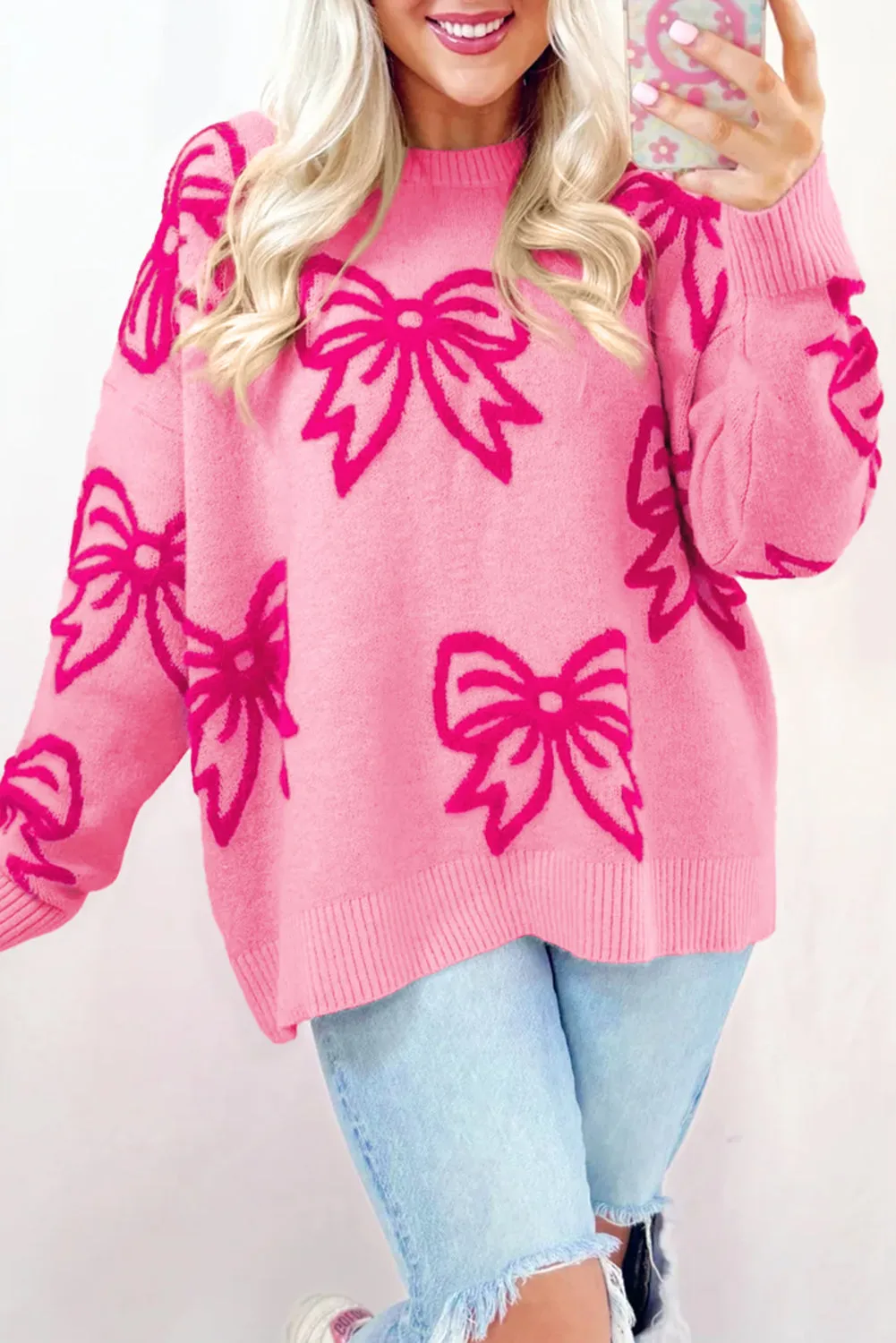 Pink Bow Pattern Drop Shoulder Loose Sweater sold by Beagle Boutique