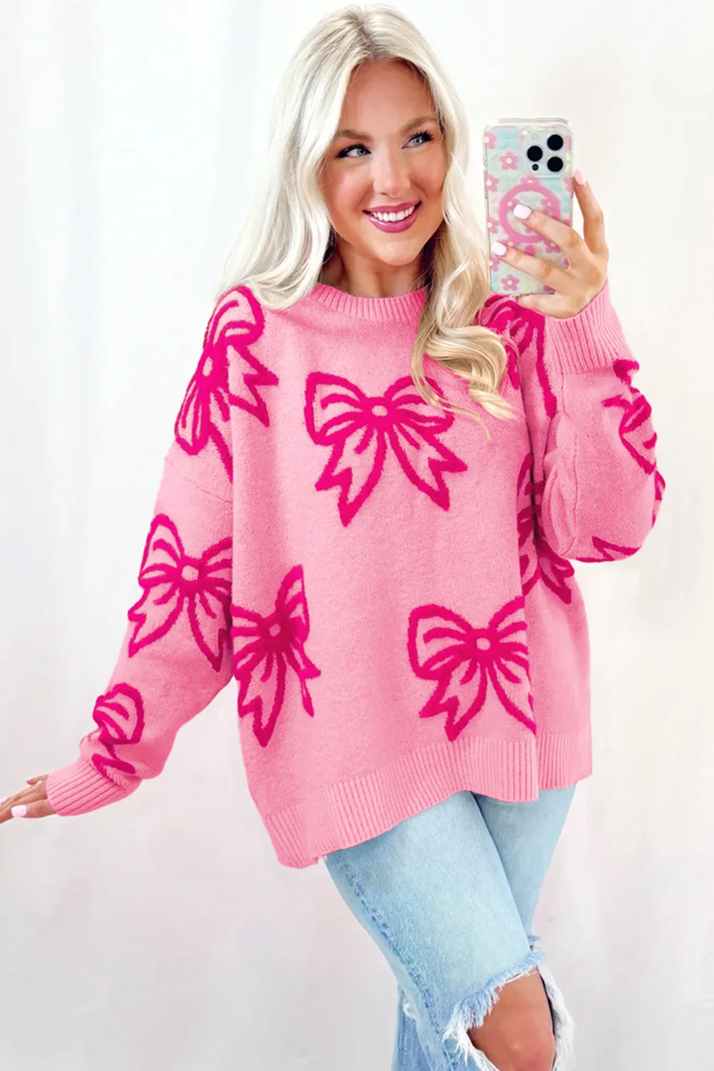Pink Bow Pattern Drop Shoulder Loose Sweater sold by Beagle Boutique product image thumbnail 3