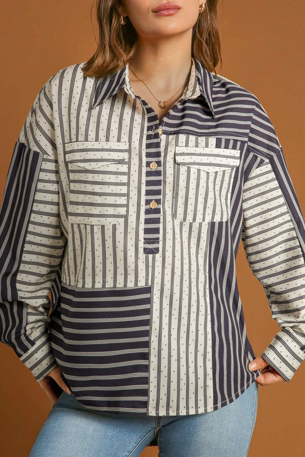 Black Stripe 2-tone Patchwork Half Buttons Chest Pockets Casual Blouse sold by Beagle Boutique