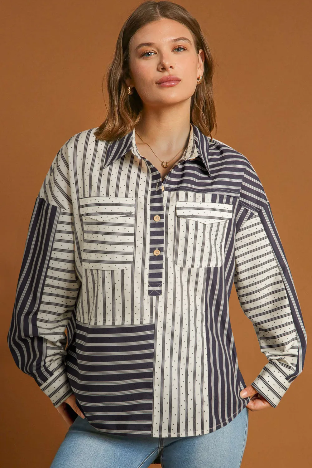 Black Stripe 2-tone Patchwork Half Buttons Chest Pockets Casual Blouse sold by Beagle Boutique product image thumbnail 3