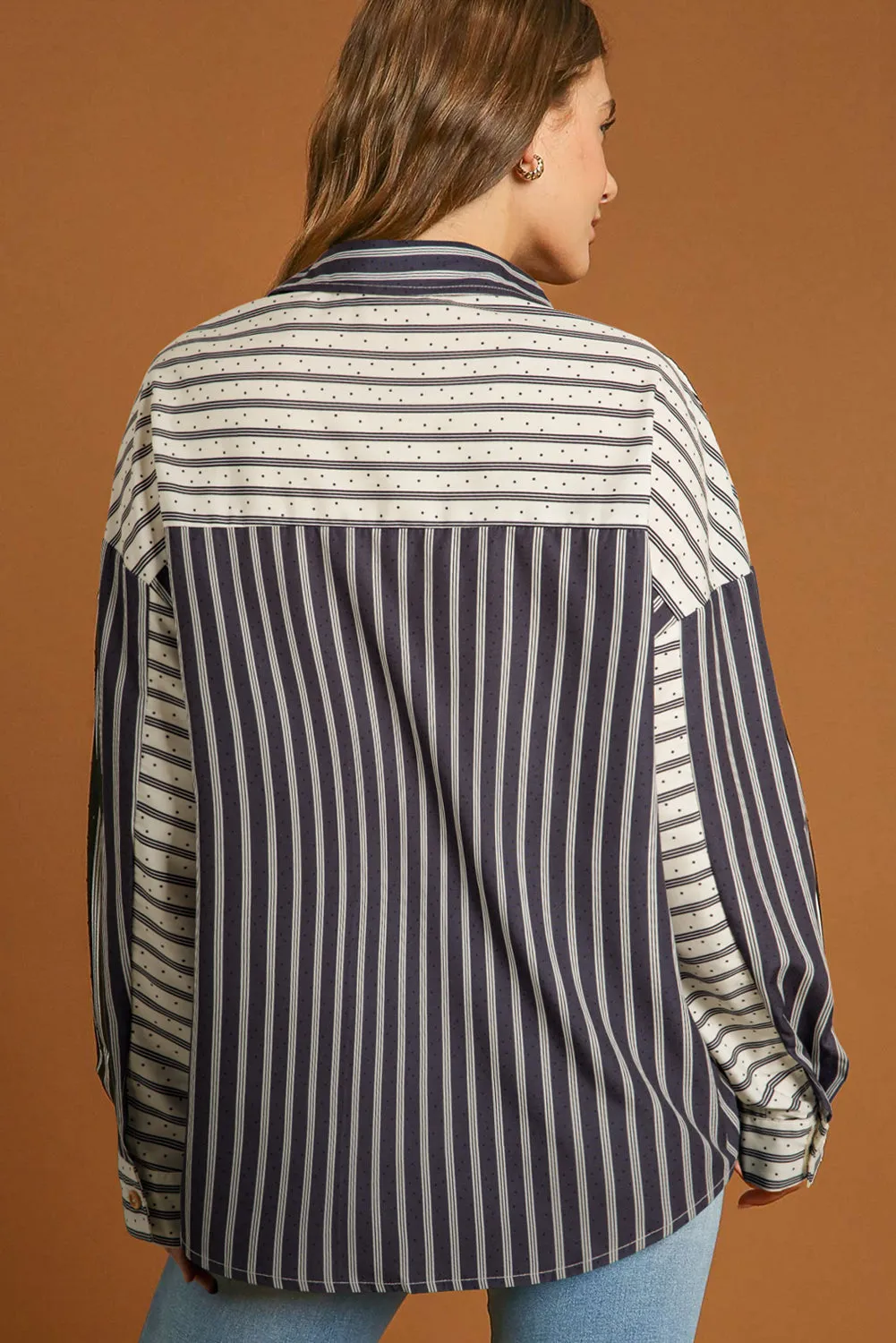 Black Stripe 2-tone Patchwork Half Buttons Chest Pockets Casual Blouse sold by Beagle Boutique product image thumbnail 2