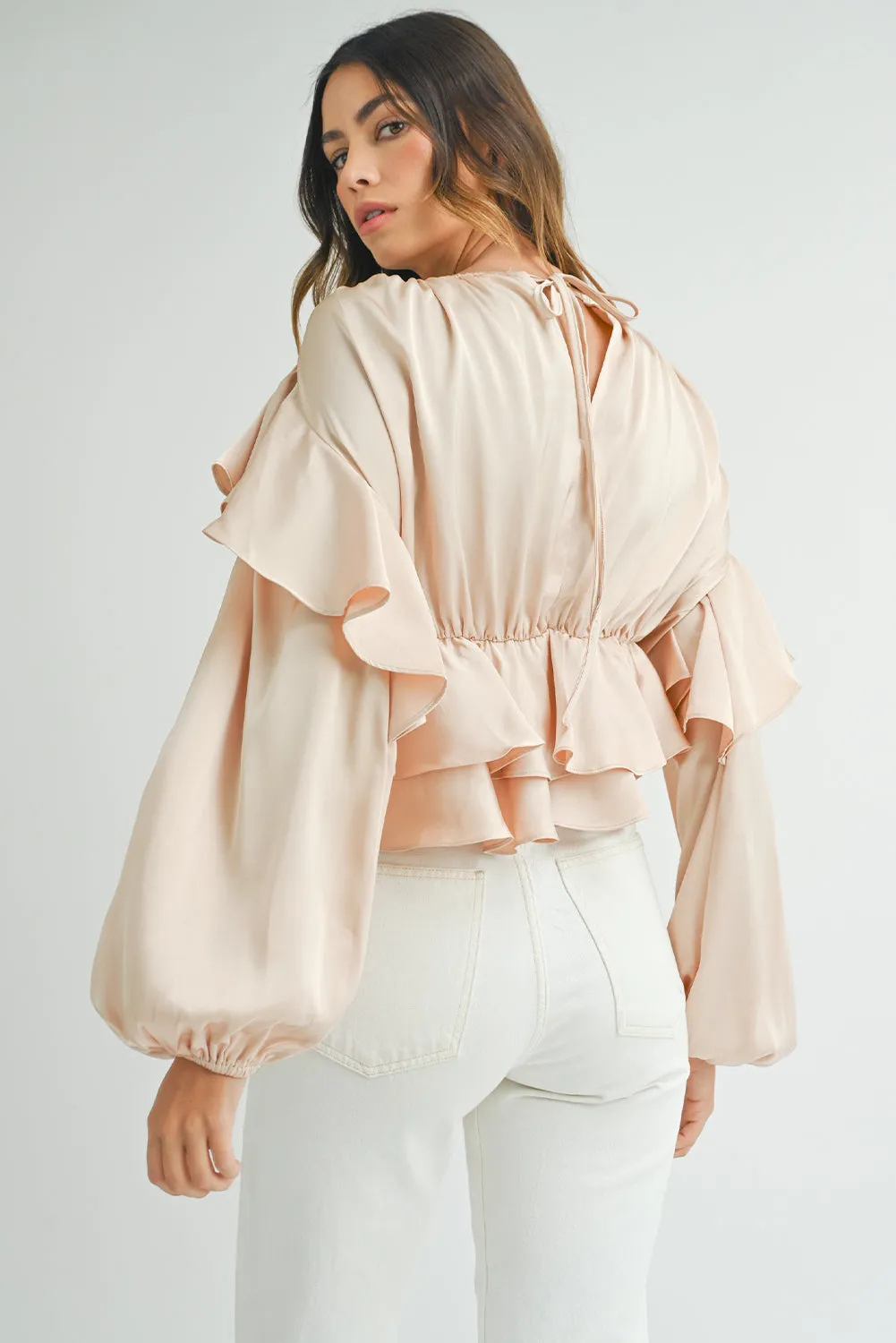 Oatmeal Lace-up Keyhole Back Ruffled Peplum Blouse sold by Beagle Boutique product image thumbnail 2