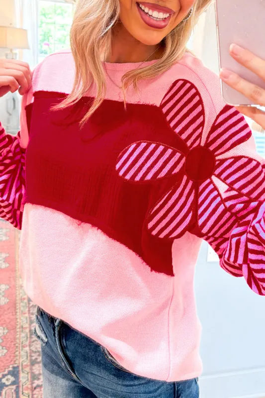 Pink Floral Patch Colour Block Striped Sleeve Textured Top sold by Beagle Boutique
