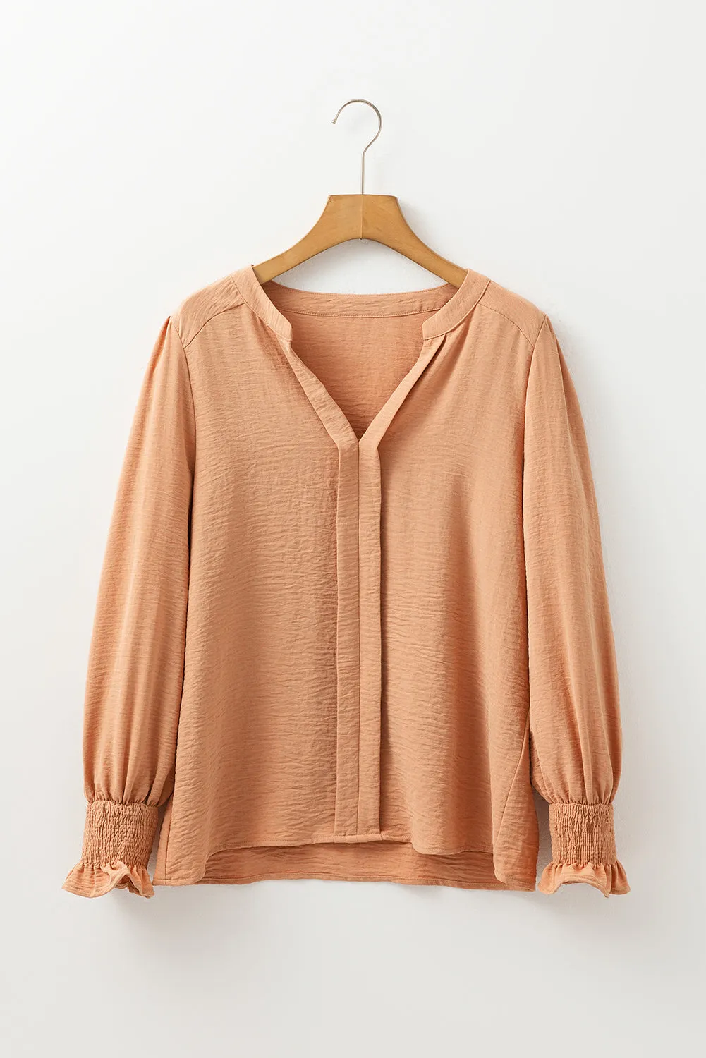 Straw Yellow Solid Colour Shirred Cuff Notch V Neck Blouse sold by Beagle Boutique product image thumbnail 4